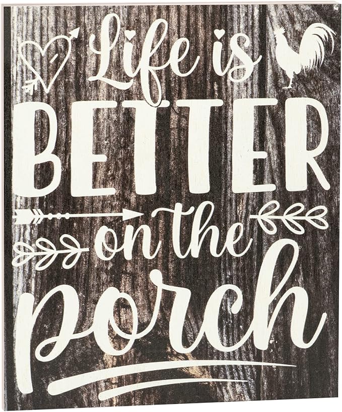 JennyGems Life is Better on the Porch Wooden Sign, Farm Life Decor and Wall Hanging, Brown Rustic Color, Made in USA