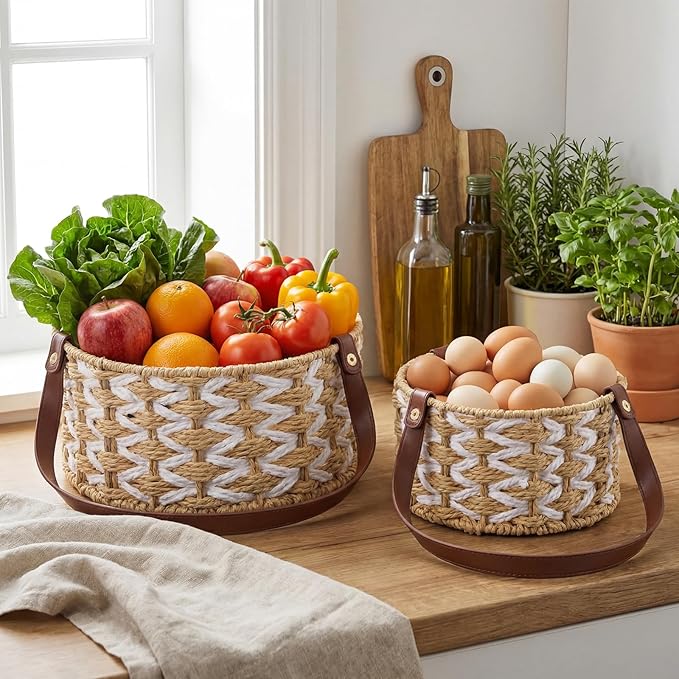2 Size Egg Collecting Baskets with Handle for Collecting Chicken Fresh Eggs Farmhouse Wicker Basket Vintage Countertop Fruit Holder Detachable Faux Leather Handle for Storage Harvest Kitchen