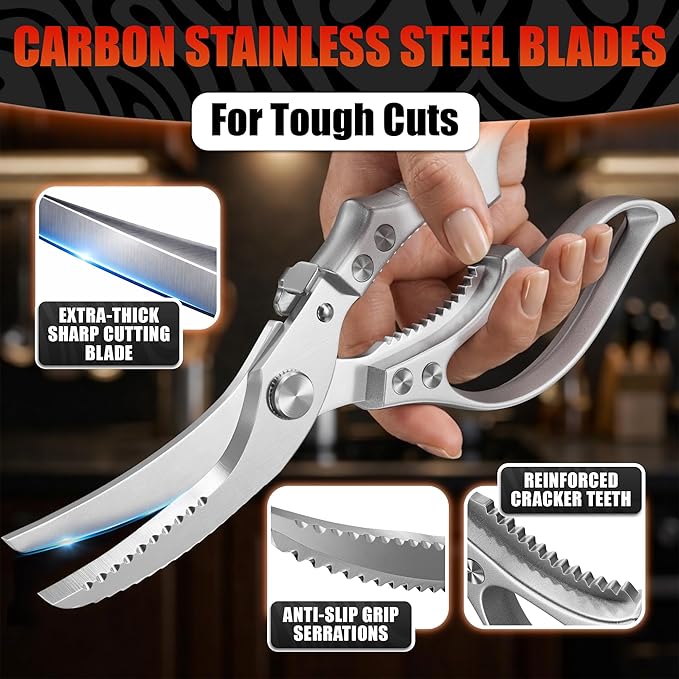 Stainless Steel Poultry Shears – Heavy Duty Kitchen Shears for Food with Hardened Blades, One-Hand Safety Lock, Spring Mechanism, Dishwasher Safe – Chicken, Meat Cutting, Turkey, Fish, and Vegetables
