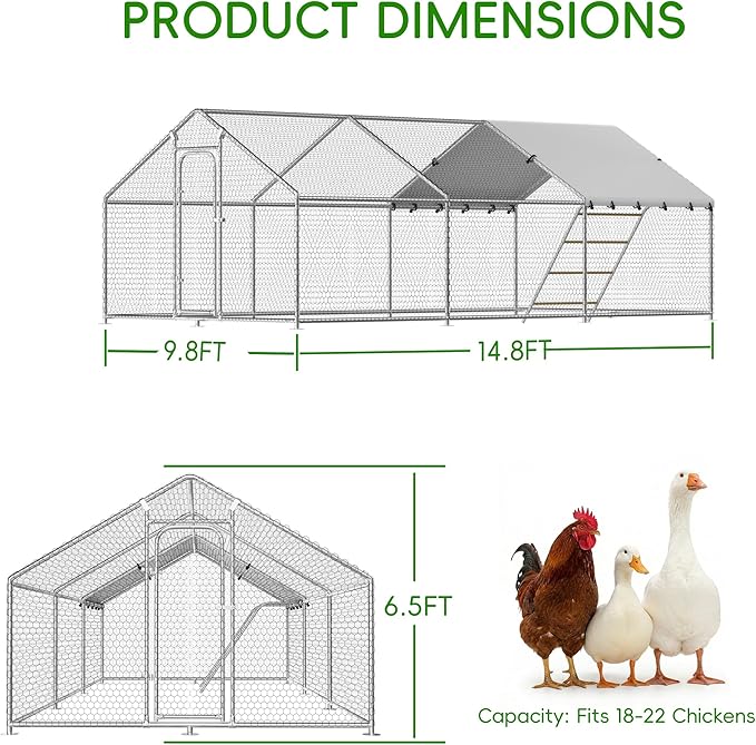 Large Metal Chicken Coop with Waterproof and UV-Resistant Cover,Chicken Run Outdoor Walk-in Cage Rabbit Duck Hen House for Yard Farm Use Spire Roof(10' L x 14.8' W x 6.4' H)