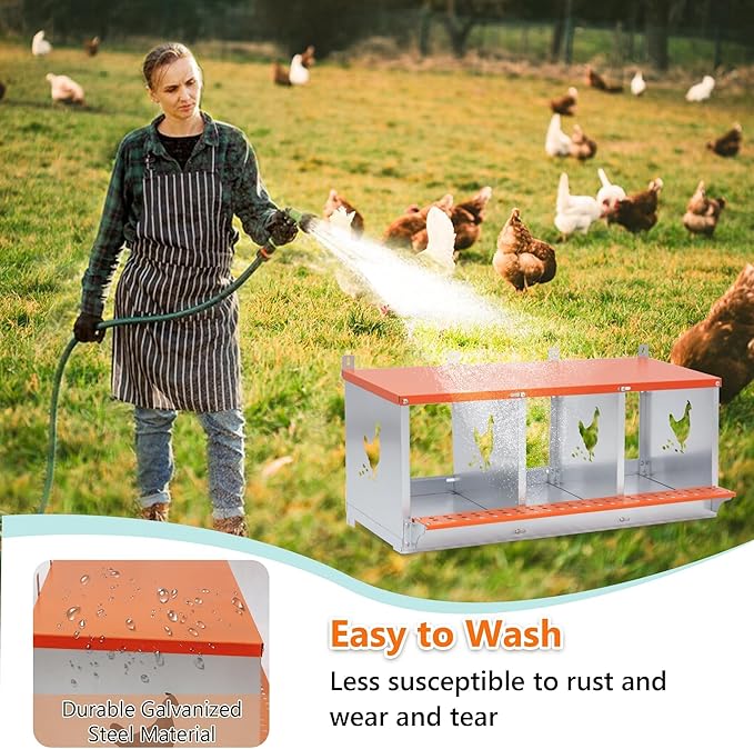 10-Bay Wall Mount Metal Nesting Box for Hens & Ducks - Galvanized Steel, Rust-Resistant, Easy Egg Collection, Tool-Free Assembly, Orange & Silver Coop Equipment with Coconut Fiber Pad