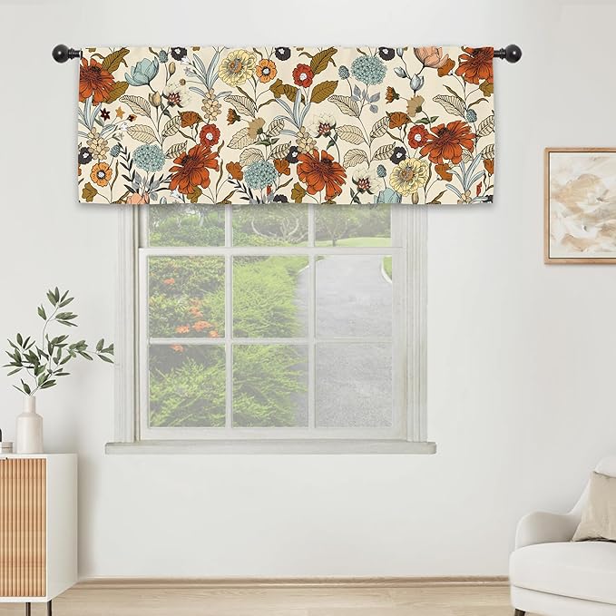 Flower Vintage Kitchen Curtain Valance 54W x 18L Inch Burnt Orange Blossom Botanical Plant Rod Pocket Short Cafe Small Window Treatment Drapes Decor