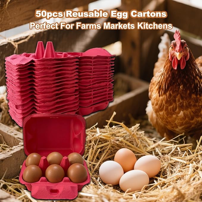 Reusable Egg Cartons, Paper Pulp Material, 50 Pack, Pink Yellow Orange Red Colors, Farm Fresh Eggs Storage Container (Red)