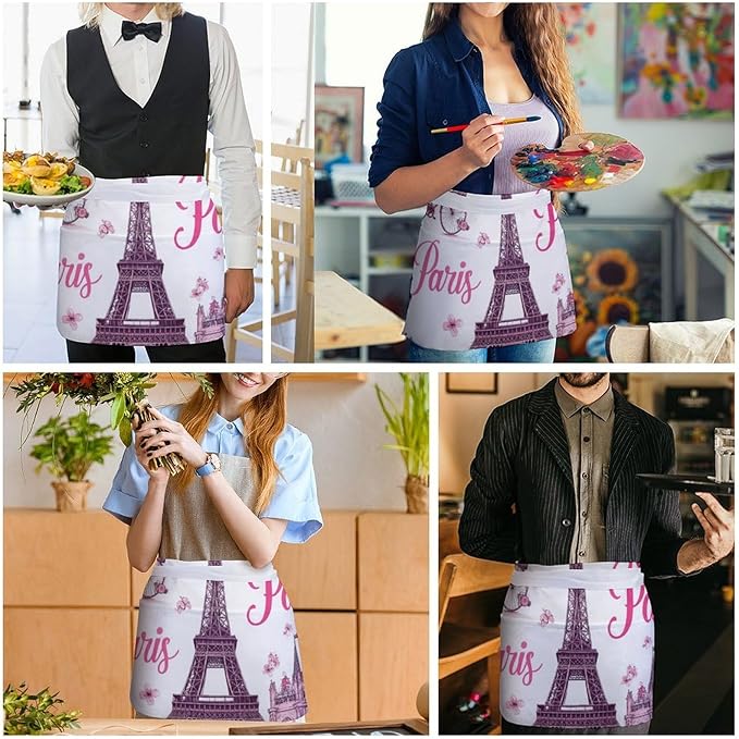Unisex Apron for Cooking Server Waitress Half Waist Apron with 3 Pockets