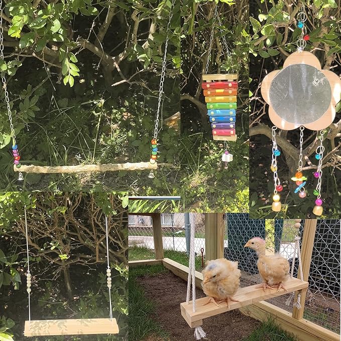 8pcs Chicken Toys Set Chicken Toys for Coop Accessries Chicken Swing Chicken Xylophone Mirror, Vegetable Hanging Feeder for hens Chick