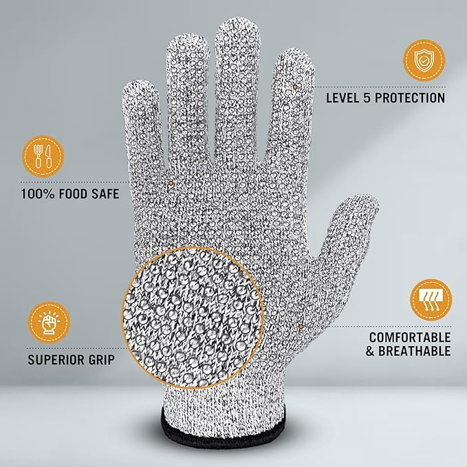 Evridwear Cutting Gloves Level 5 Cut Resistant, Food Safe Gloves with Non-Slip Grip for Kitchen, Meat Cutting & Mandoline Use, 2 Pairs (M, Gray+Gray)