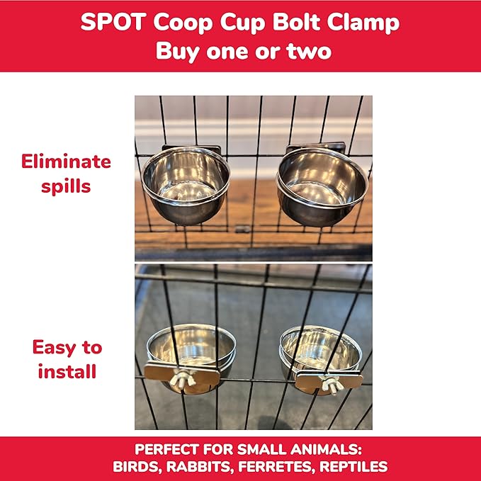 SPOT Coop Cup Bolt Clamp - Stainless Steel Hanging Bowl for Crates, Removable, Chew-Proof Pet Feeding Dish, Ideal for Birds, Parrots, Rabbits, Ferrets, Reptiles, 1.25 Cups (10 Oz)