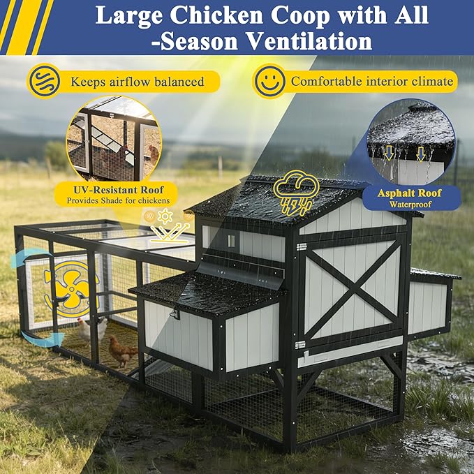 116" Large Chicken Coop with Run, Wooden Hen House Outdoor Poultry Cage 28.41 ft² for 4–6 Chickens, 4 Nesting Boxes, 4 Perches, Easy-Clean Slide Out Tray, Expandable Backyard Coop