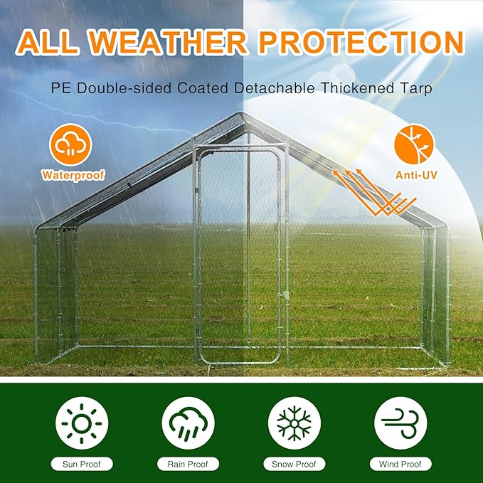 Wonline Large Metal Chicken Coop, Outdoor Walk-in Poultry Spire Top Cage with Climbing Frame Waterproof&Anti-UV Cover, for Hen House, Duck Coop and Rabbit Run, Silver (9.8' L x 9.8' W x 6.56' H)