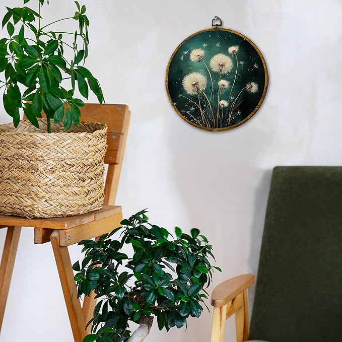 Hiuwevt Deep Green Dandelion Round Wall Art Decor, Moody Dark Floral Botanical Framed Canvas Prints, Rustic Cottagecore Plant Round Wall Hanging Decor for Bedroom Home Decorations, 10x10 Inches