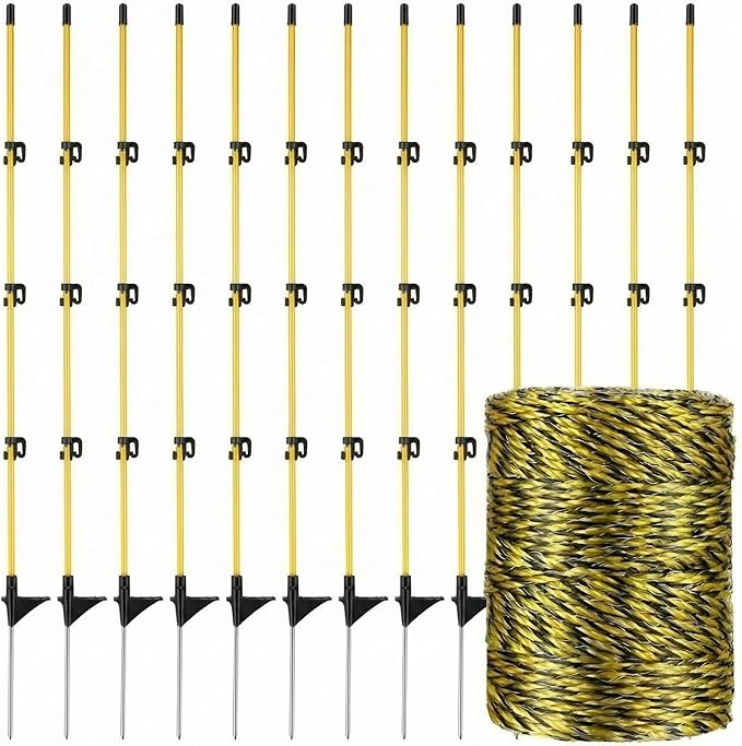 Sasylvia 36 Pcs 45 Inch Fiberglass Electric Fence Posts with 328 Feet Poly Wire, Easy Step-in Electric Fence Kit for Sheep, Lambs, Livestock in Garden, Backyard, Farm, Temporary Fencing(Yellow Black)