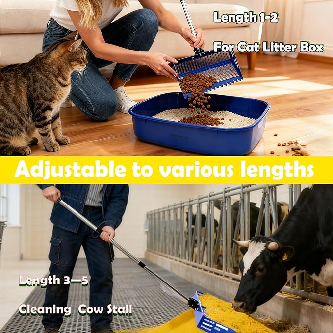 Chicken Poop Scooper & Rake 2-in-1 2026 New Blue Stainless Steel 15" Extra Large Sifting Shovel, 24"-68" Adjustable Handle with Sawtooth, 0.25" Leak-Proof Squares for Chicken Coop & Pet/Horse Manure ﻿