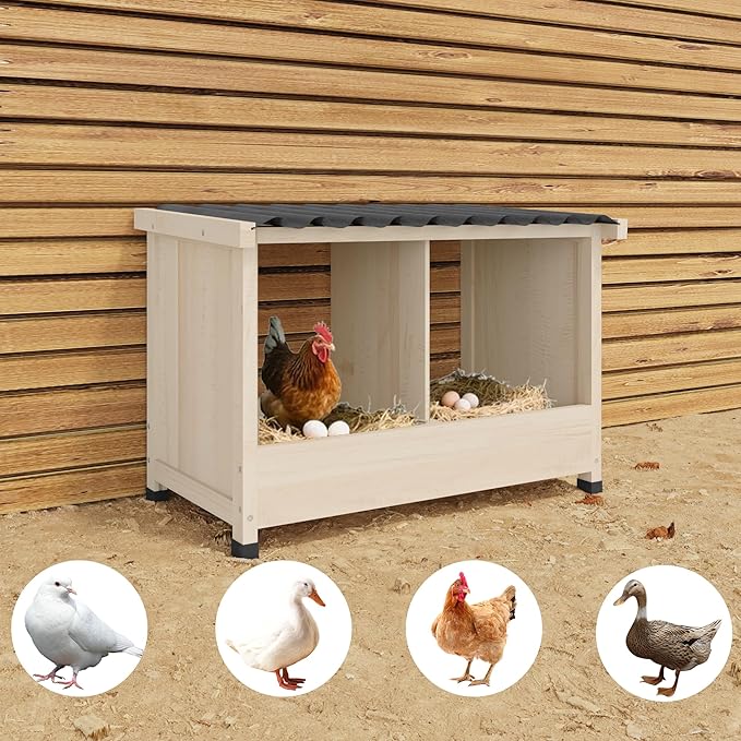 Chicken Nesting Box, 2 Holes Wooden Nesting Box, Hens-Wall Mounted or Floor Use, Chicken Coop Accessorie with PVC Roofing, Preventing Egg Falls, Easy to Assemble, Backyard and Farms