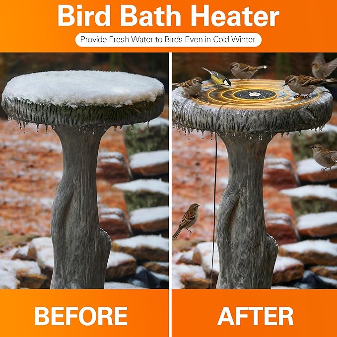 Dreyoo Bird Bath De Icer, 60w Submergible De Icer, Thermostatic Controlled Winter Water Heater Deicer for Bird, Chicken, Duck, Farm Trough, Design Patent Product (1 Pack)