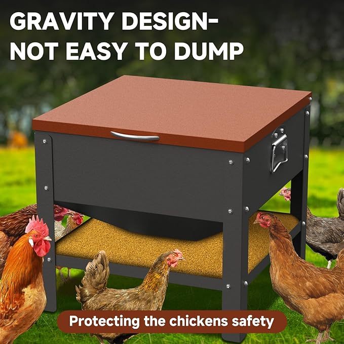 Metal Chicken Feeding Box, 80 lbs Large Capacity Portable, Waterproof Lid, Hens and Roosters, No Waste Coop Poultry, Galvanized Steel Feeder Standing for Chickens (Orange)