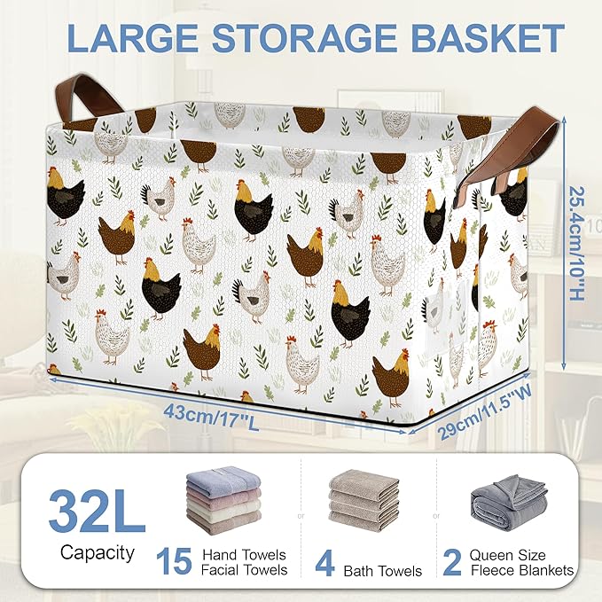 Roosters Chicken Storage Basket with Handles,Fern Plants Collapsible Rectangle Organizer Bin for Room Decoration Books Box Baskets 17x11.5x10Inch