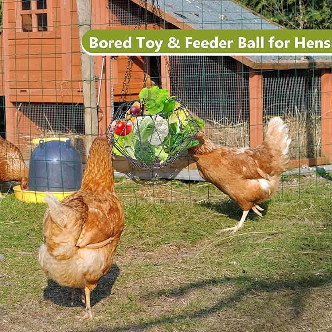 Hanging Chicken Feeder Accessories, Foldable 6.5Inch Large Poultry Vegetable Fruits Feeder Basket with 4pcs Hanging Chain, Veggie Treat Ball Boredom Toys for Chicken/Hens/Duck/Rabbits' Coop