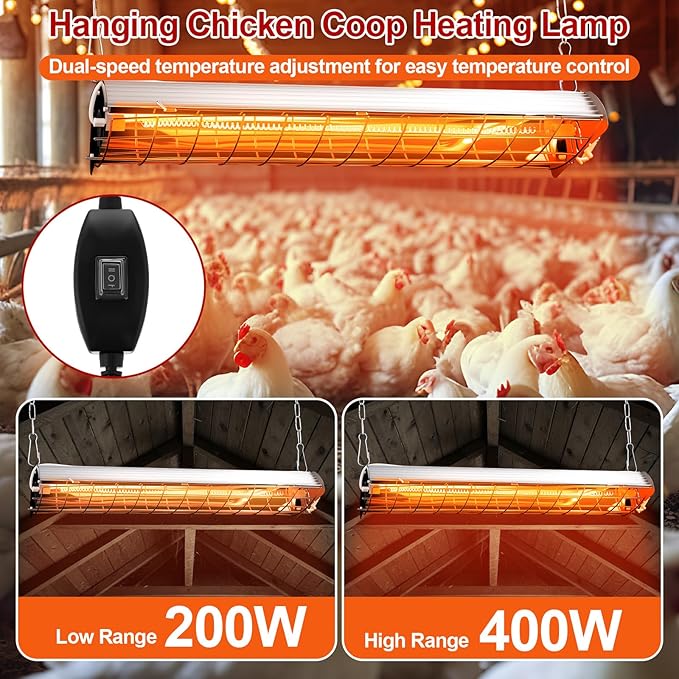 Retisee 400w Large Hanging Chicken Coop Heater Lamp Carbon Fiber Chicks Brooder Heater 5pcs Chick Feeder and Waterer Kit with Wooden Perch for Poultry Chicks Ducks Quail Pigeons Birds