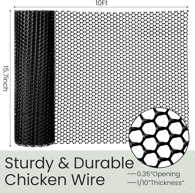 Landical 6 Rolls Plastic Chicken Wire Fencing Mesh 15.7 in x 10 ft Each Plastic Mesh Fence with Zip Ties Hexagonal Poultry Netting Garden Fencing Cat Fencing and Bird Netting(Black)