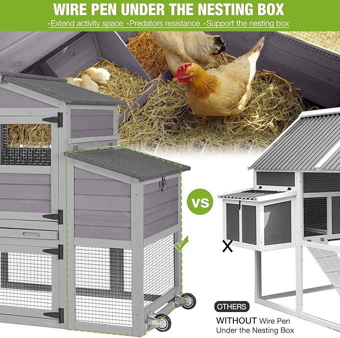 79" Mobile Chicken Coop with Nesting Box and Wheels, Outdoor Wooden Hen House for 2-4 Chickens, Large Poultry Cage with Metal Run, Waterproof Cover and 6 Access Doors
