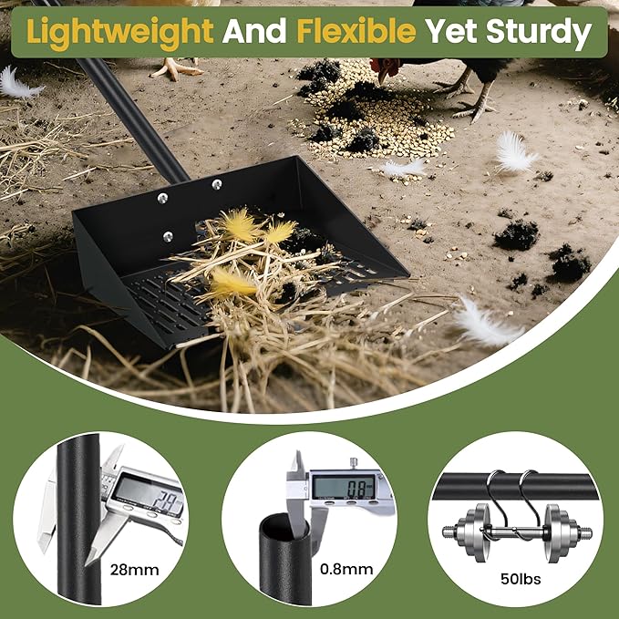 Alloy Steel Chicken Poop Scooper for Sand - 15.7” Extra Large Chicken Coop Scoop - Simplified Cleaning 40-67” Poop Scoop with Adjustable Handle