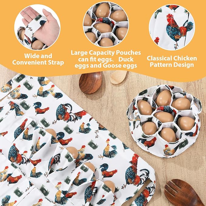 Egg Collecting Apron and Basket, 12 Pouches Chicken Egg Apron, 7 Pouches Chicken Eggs Basket, Collector Chicken Eggs