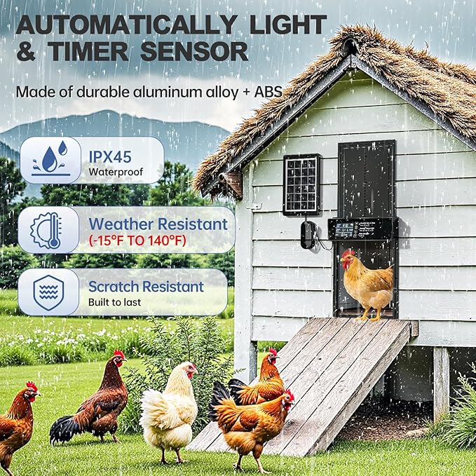 Solar Chicken Coop Door, Automatic Chicken Door Solar Powered & USB Charging, Auto Chicken Door 4 Modes with Timer & Light Sensor, Anti-pinch & Alert, Remote, LED Screen, Aluminum Waterproof Coop Door