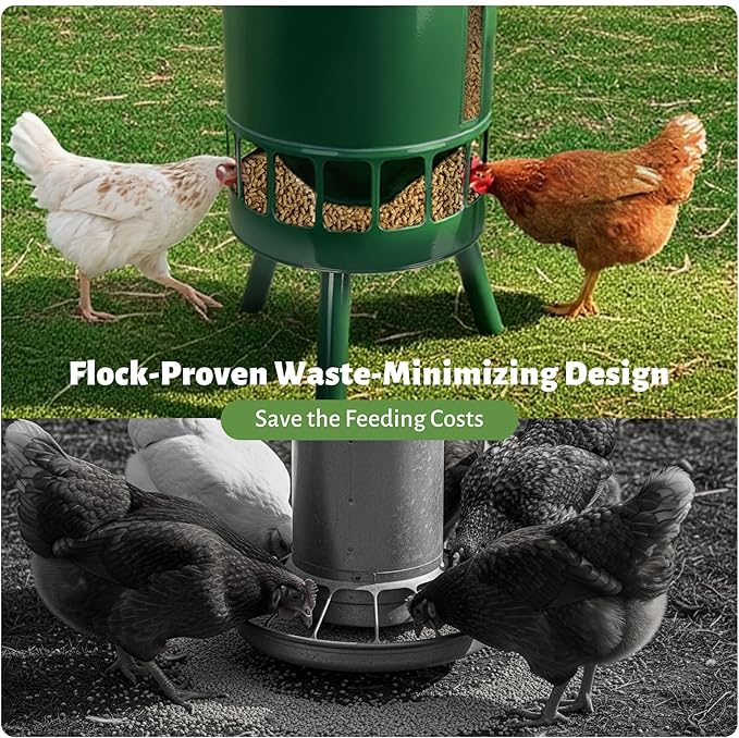 KOL 50LB Metal Chicken Feeder - No Waste, No Clog Design with 16 Ports & Smooth Gravity-Flow, Powder Coated Rust-Proof for Coop Use (Green)