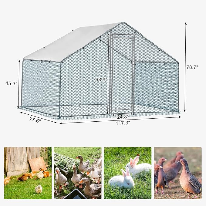 Outvita Chicken Coop, 6.5 x 10 FT Large Metal Chicken House, Poultry Habitat Cage with Waterproof Cover, Walk-in Chicken Run Pen for Small Animals, Yard, Farm, Patio