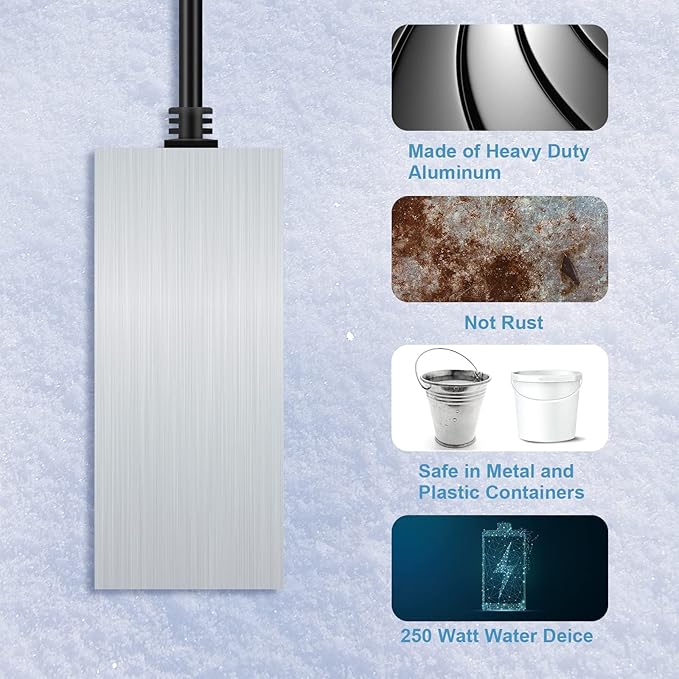 Thermostatic Chicken Water De-Icer – 250 Watt Submersible Aluminum Heater, Stops Ice Formation