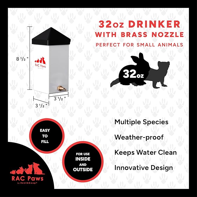 RAC Paws by RentACoop 32oz(1L) Small Animal Drinker with No-Drip Brass Nozzle - Suitable for Small Pets, Bunnies, Hamsters, Guinea Pigs, Hedgehogs, Rabbits, Chinchillas, Mice and Rats