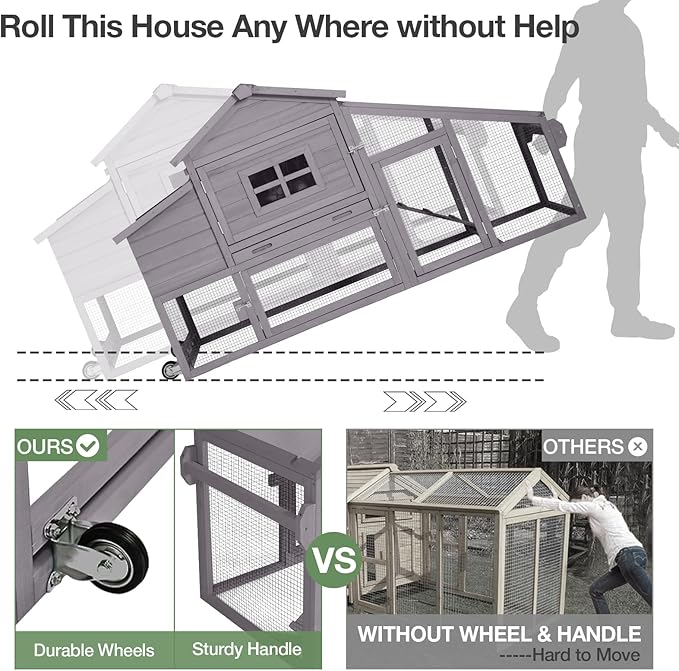 Mobile Chicken Coop with Wheels, Outdoor Hen House with Leak-Proof Tray, UV-Resistant Roof & Nesting Box for Chickens, Ducks, Rabbits (Grey)