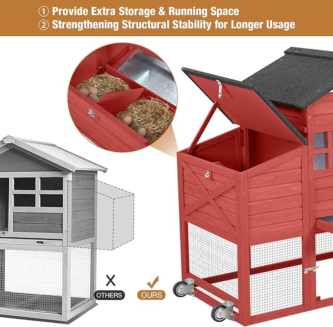 Large Chicken Coop for Outdoor with Nest Box and Removable Tray, Hen House Waterproof for 2-6 Chickens, Outdoor Poultry Cage with Wheels - Red