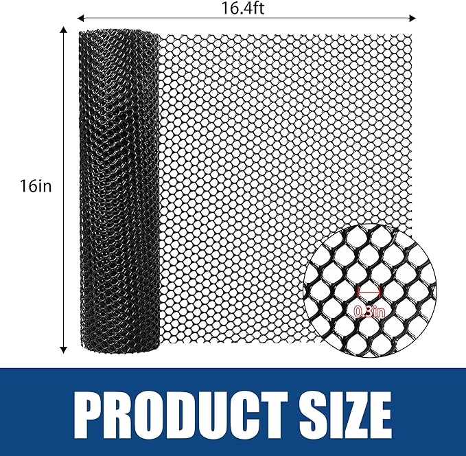 Heavy-Duty Black Plastic Chicken Wire Mesh, 16in x 16.4ft Plastic Mesh Roll with 30 Zip Ties for Poultry Coop, Rabbit Run, Plant Support, Garden Fencing and Balcony Barrier