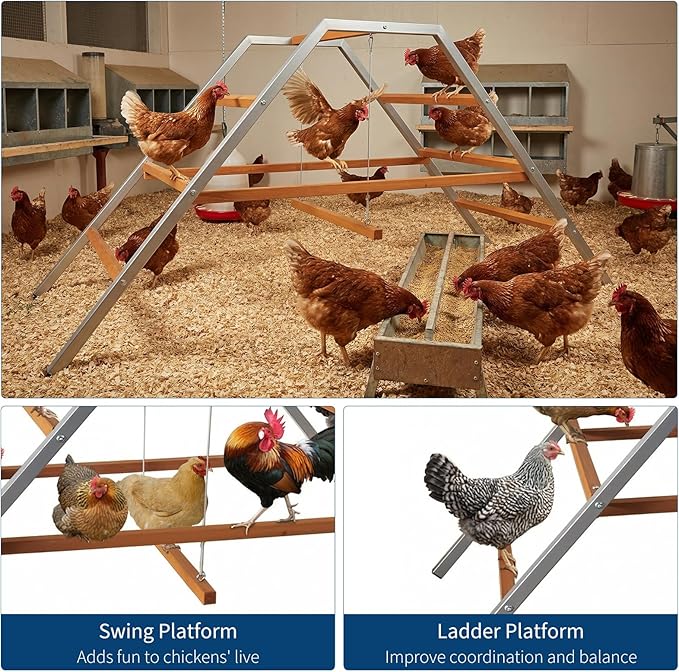 Garvee Chicken Perch with Swing, Chicken Roosting Bars for Coop Accessories, Wooden Ladder for Chickens' Health and Happiness, Chicken Run Toys Accessories for Backyard Farms