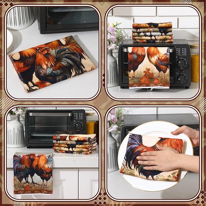 Bencailor 6 Pcs Farmhouse Kitchen Towels Chicken Rooster Kitchen Decor Farm Animal Hand Towels for Cooking Baking Housewarming Gift,15.75 x 23.62 inch(Rust Red,Retro Rooster)