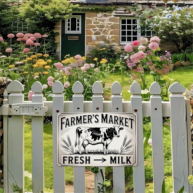Farmer's Market tin sign, Vintage Farm Fresh Milk Cow Metal Sign print Aesthetic Room Decoration for Home Bedroom Kitchen Bar Coffee Bathroom Indoor Outdoor Wall Decor, 8 X 12 IN