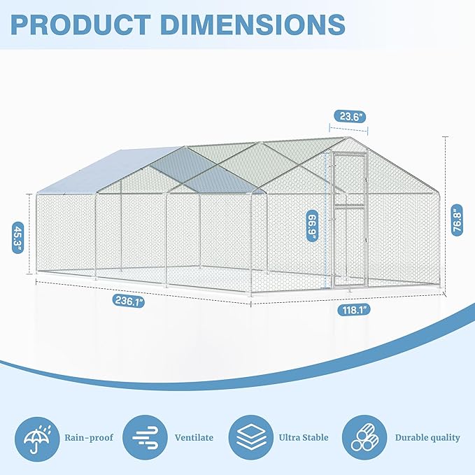 Polar Aurora Metal Chicken Coop, Large Outdoor Chicken Pen, Walk-in Chicken Run for 6-20 Chickens, Double Door Chicken House with Waterproof UV Protection Cover for Backyard (Spire-L)