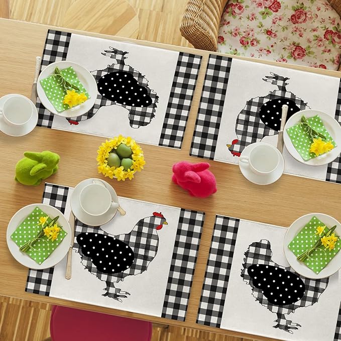 Seliem Farm Chicken Hen Animal Placemats Set of 4, Black White Buffalo Check Plaid Farmhouse Chick Dining Table Place Mats, Spring Summer Country Rustic Kitchen Decor Home Decoration 12 x 18 Inch