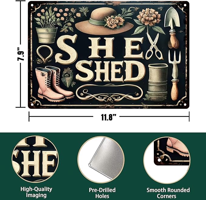 Vintage Garden Metal Signs - She Shed Tin Sign, Retro Rustic Outside Poster Sign Gardening Lover Gifts Fence Decoration Wall Art Decor 8x12 inch