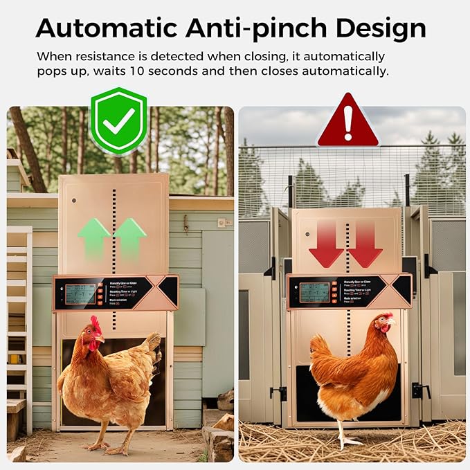 Automatic Chicken Coop Door Solar Powered, 4 Modes Automatic Chicken Door with Timer & Light Sensor, 7W Solar Charging Panel, Waterproof Aluminum Alloy Chicken Door with LED Screen (Gold)