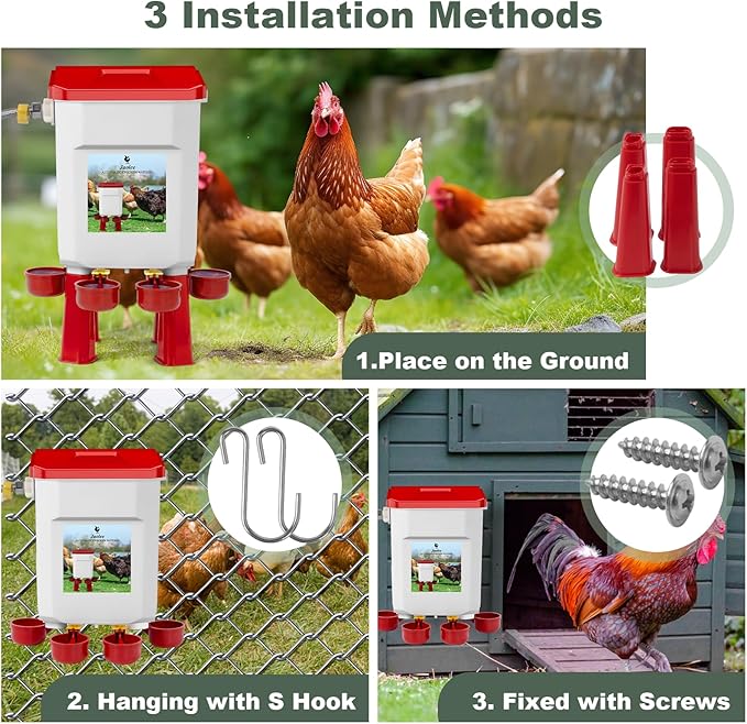 Automatic Chicken Waterer, Float-Controlled Chicken Water Feeder, Large Watering System with 60 Inch Water Hose (One End 3/4''), Poultry Waterer for Duck Quail Turkey Chick (2 Gallons, Red)