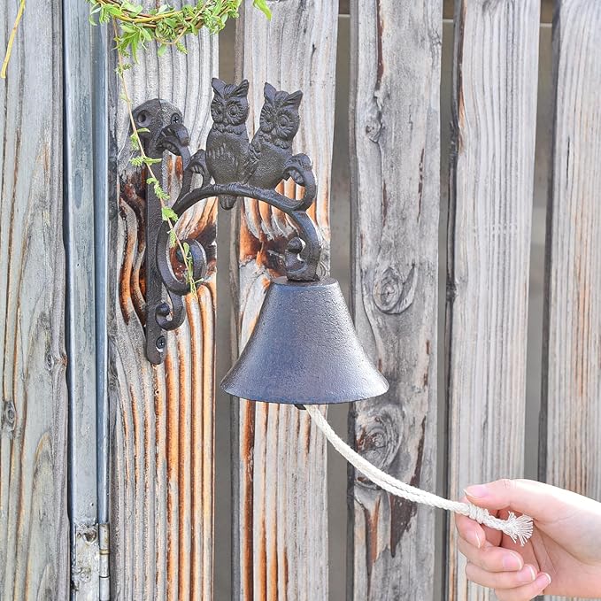 Sungmor Heavy Duty Cast Iron Wall Bell - Decorative Retro Style Lovely Owls Hand Bell - Manually Shaking Wall Hanging Doorbell - Indoor Outdoor Wall Mounted Dinner Bell - Garden Home Wall Decoration