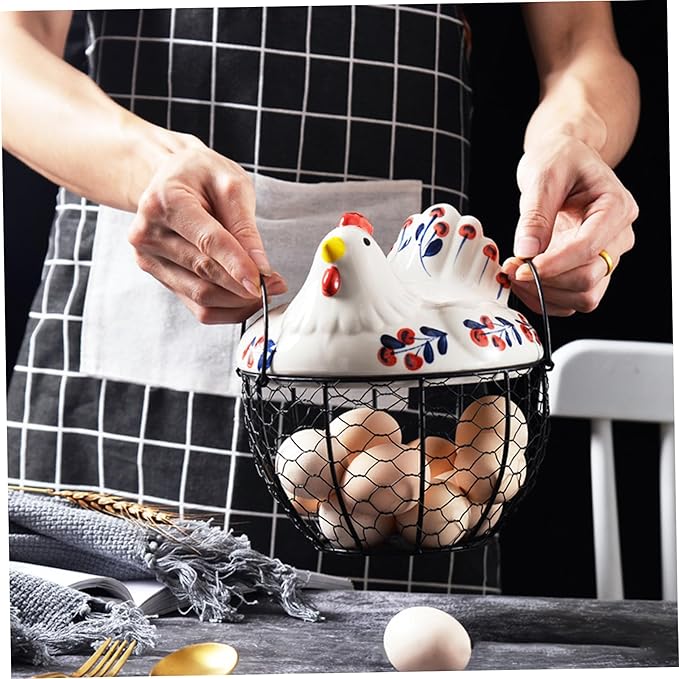 Gcroet Ceramic Egg Holder, Hollow-Out Wire Chicken Egg Holder with Chicken Shaped Lid, Non Slip Basket Countertop with Handle for Gathering Fresh Eggs...