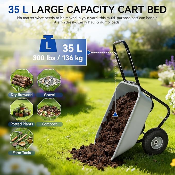 Dual Wheel Garden Wheelbarrow,Heavy Duty Yard Cart with 10“/15" Pneumatic Tires, Rustproof Poly Tray & Steel Handle, 300 lbs Capacity Utility Cart for Lawn, Farm, and Landscaping (Gray-10“)