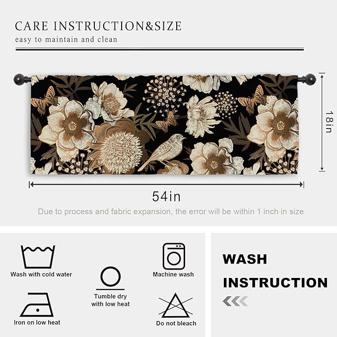 Miyotaa Black Flower Kitchen Curtain Valance 54W x 18H Rod Pocket Vintage Bird Butterfly Botanical Retro Plant Blossom Window Treatment for Living Room Bedroom Bathroom