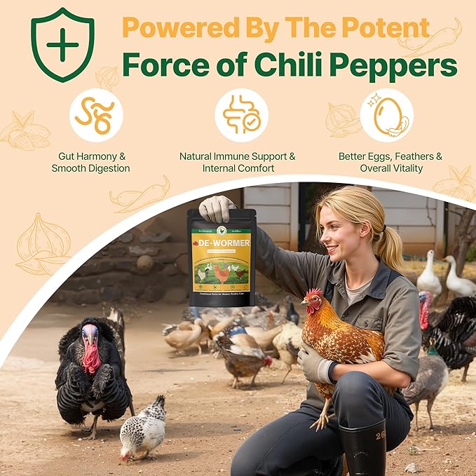 Chicken De-w0rmer, All-Natural Formula-Chili Mix, Safe for Eggs | Support Gut Balance, Healthy Digestion & Vitality for Laying Hens, Ducks, Turkeys and Backyard Poultry | Effective for All Ages&Sizes