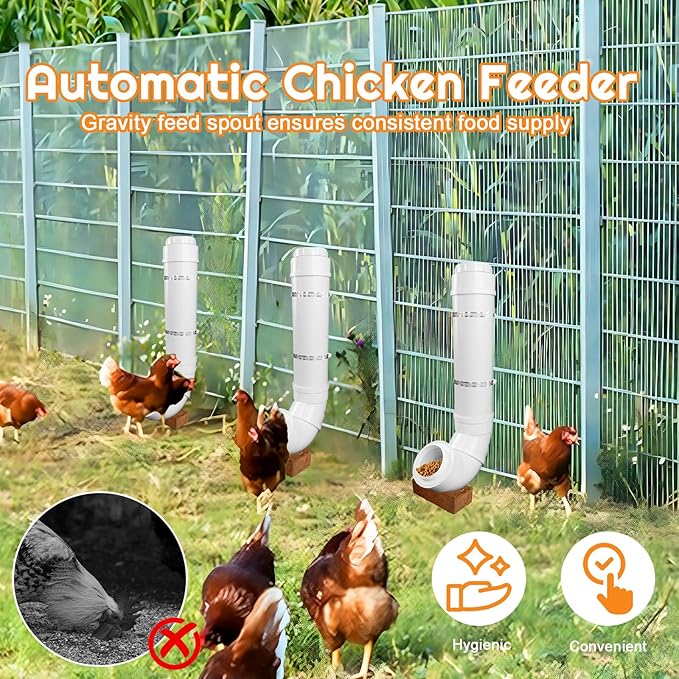 Automatic Chicken Feeder with 2 Covers Duty PVC Pipe No Waste Chicken Coop Feeder 6.6 Pounds Large Chicken Feeder Hanging Chicken Feeder