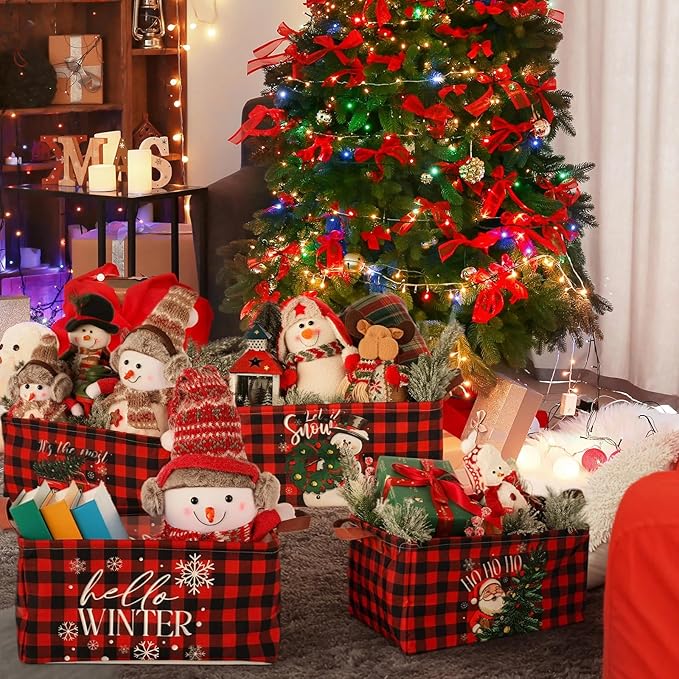CHENGU 6 Pack Christmas Storage Basket Collapsible Christmas Basket for Gifts Buffalo Plaid Holiday Decor Large Snowman Bin Foldable Xmas Tree Box with Handle for Bedroom Office Home
