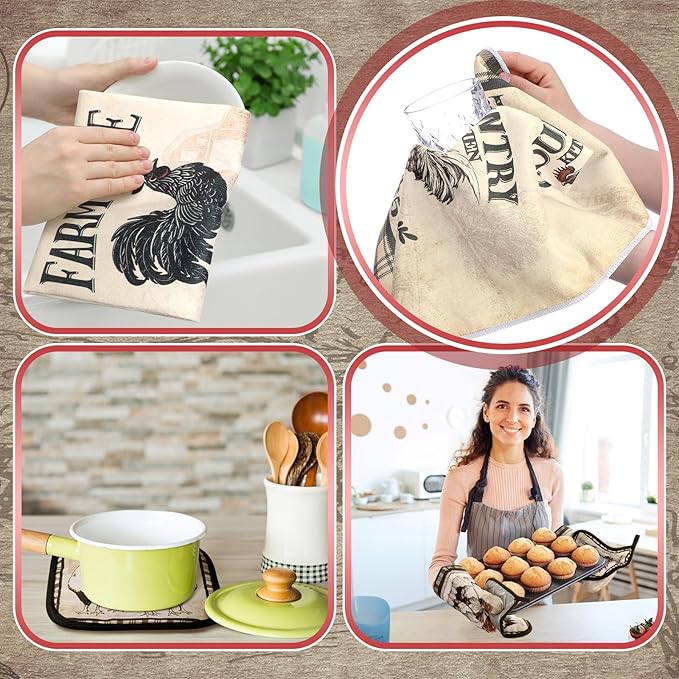 10 Pcs Barn Chicken Kitchen Dish Towels Rugs Oven Mitts and Pot Holders Set Farmhouse Kitchen Decor Set for Women Mom Daughter Gift Cooking Baking Grilling (Retro Color)